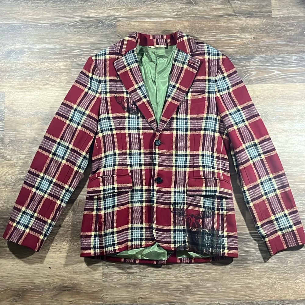 Ezra Fitch Plaid Wool Blazer with Bass and Moose Detailing